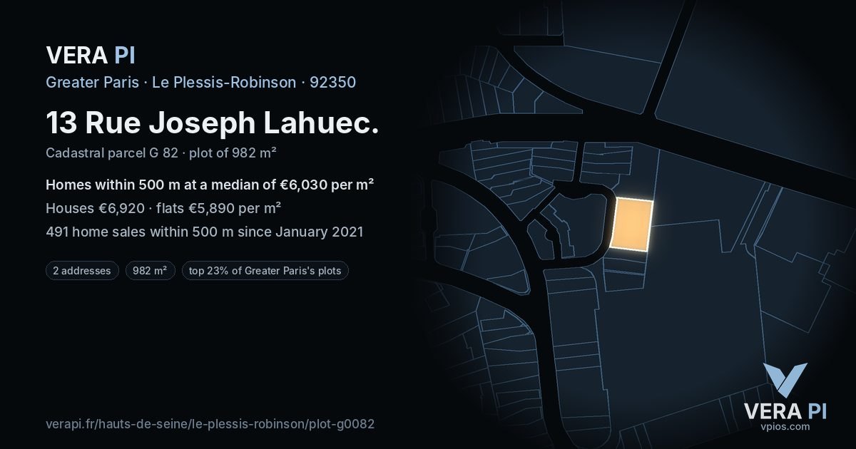 13 Rue Joseph Lahuec, Le Plessis-Robinson at night – the plot lit, the parcels around coloured by the prices near them