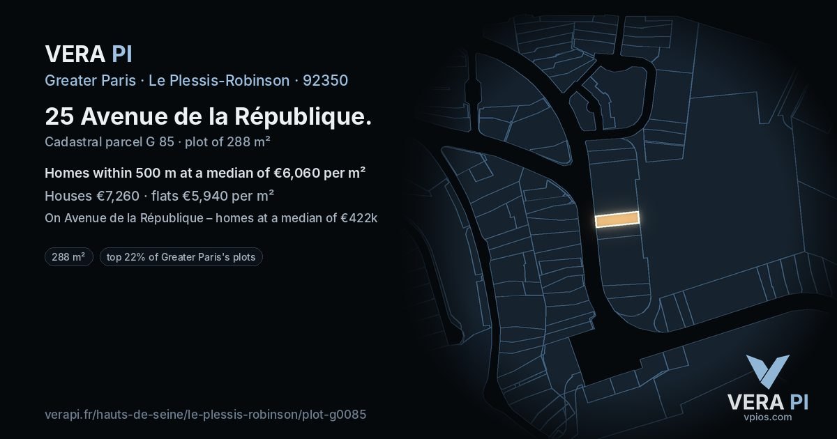 25 Avenue de la République, Le Plessis-Robinson at night – the plot lit, the parcels around coloured by the prices near them
