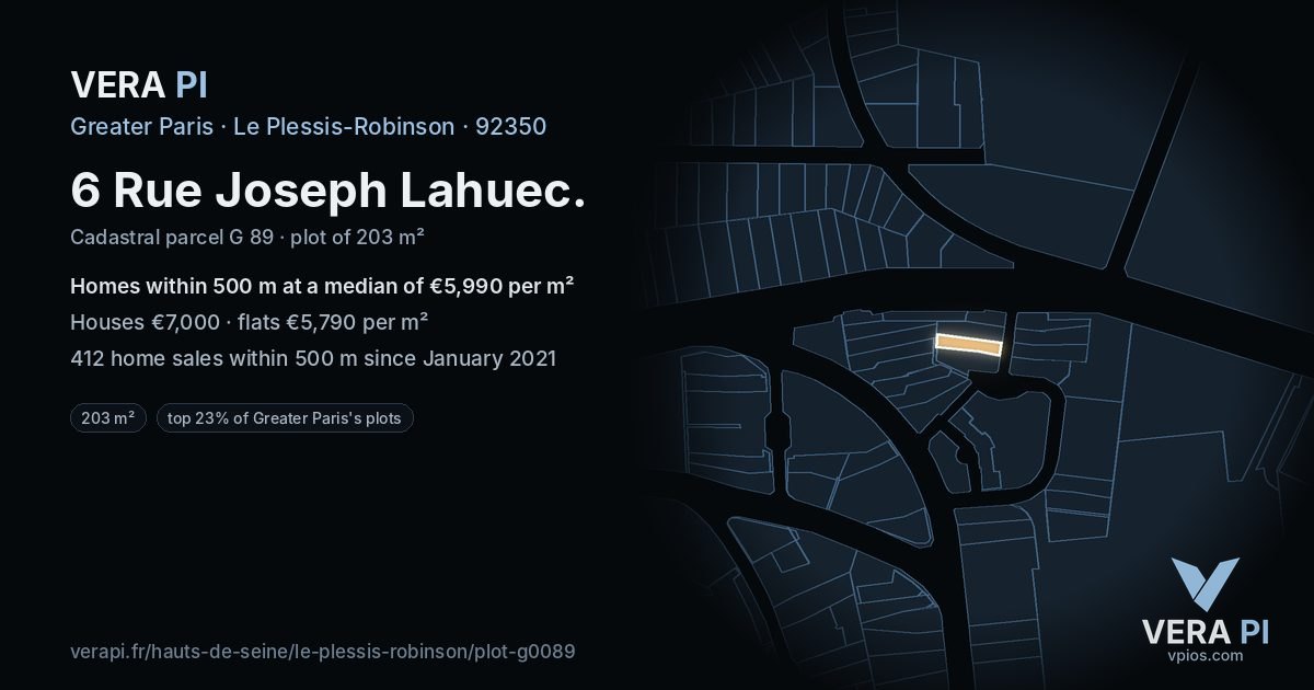6 Rue Joseph Lahuec, Le Plessis-Robinson at night – the plot lit, the parcels around coloured by the prices near them