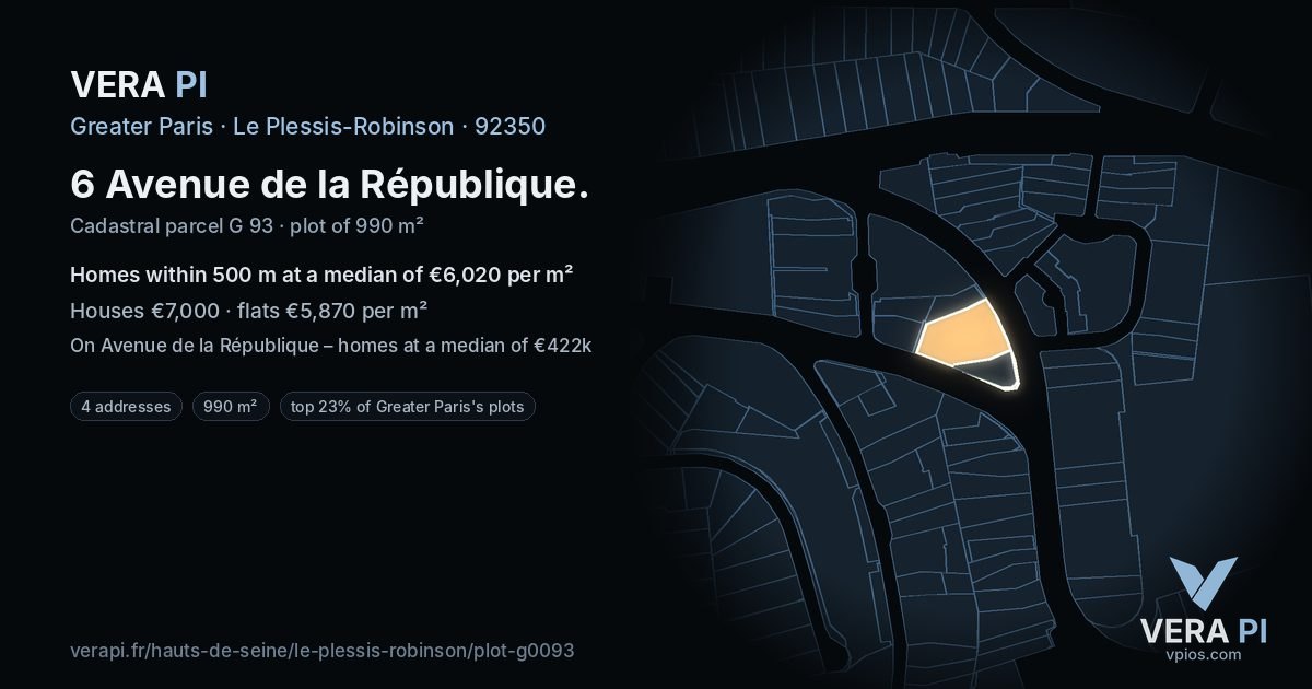 6 Avenue de la République, Le Plessis-Robinson at night – the plot lit, the parcels around coloured by the prices near them