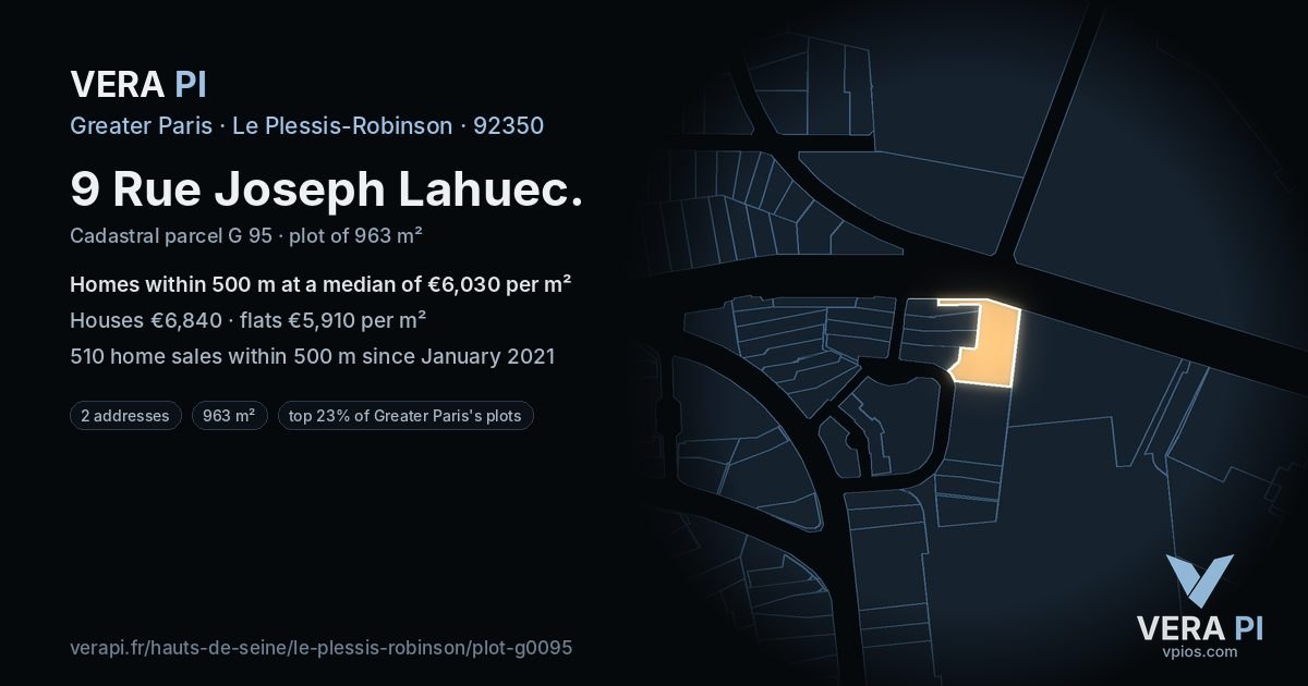 9 Rue Joseph Lahuec, Le Plessis-Robinson at night – the plot lit, the parcels around coloured by the prices near them
