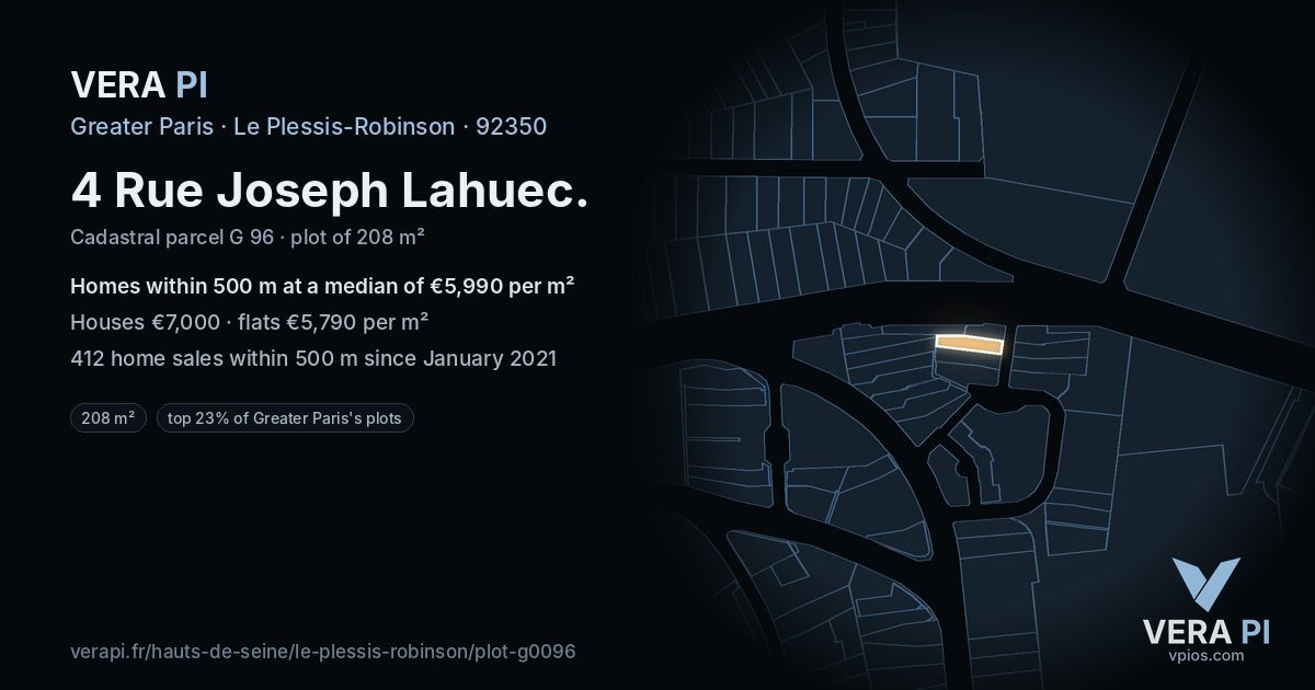 4 Rue Joseph Lahuec, Le Plessis-Robinson at night – the plot lit, the parcels around coloured by the prices near them