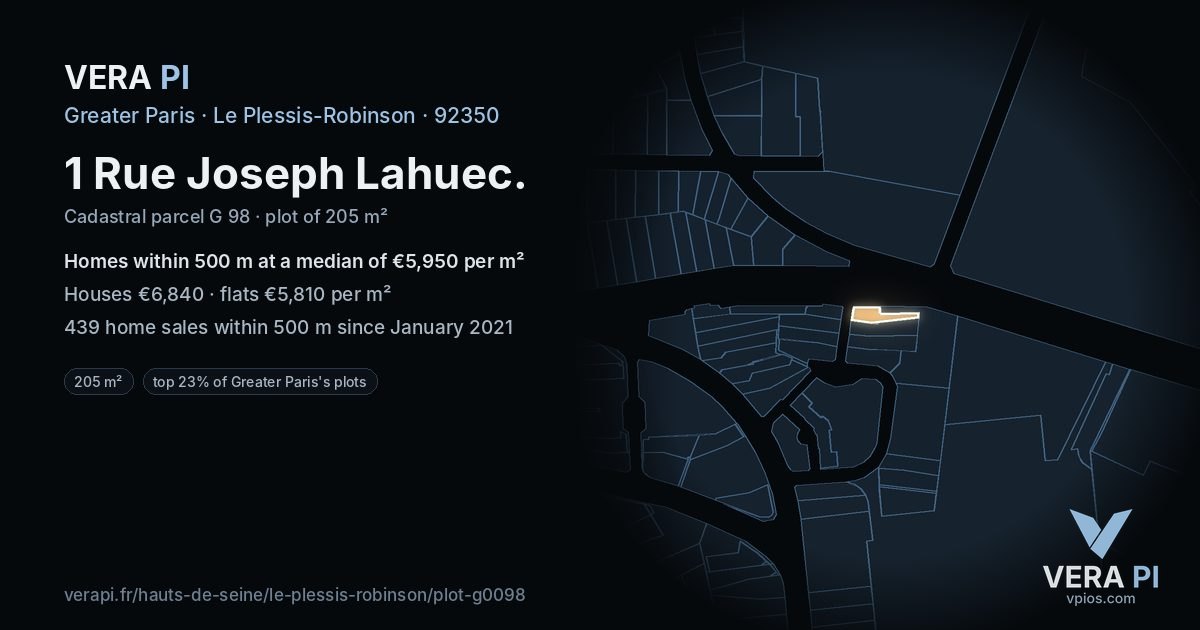 1 Rue Joseph Lahuec, Le Plessis-Robinson at night – the plot lit, the parcels around coloured by the prices near them