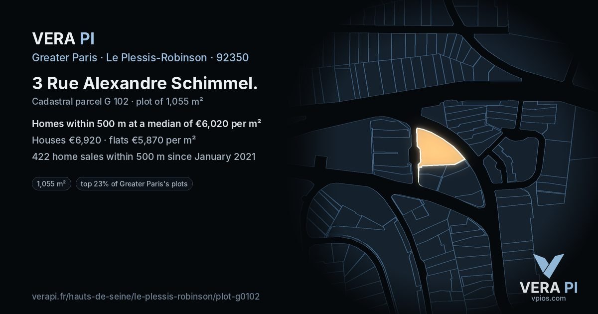3 Rue Alexandre Schimmel, Le Plessis-Robinson at night – the plot lit, the parcels around coloured by the prices near them