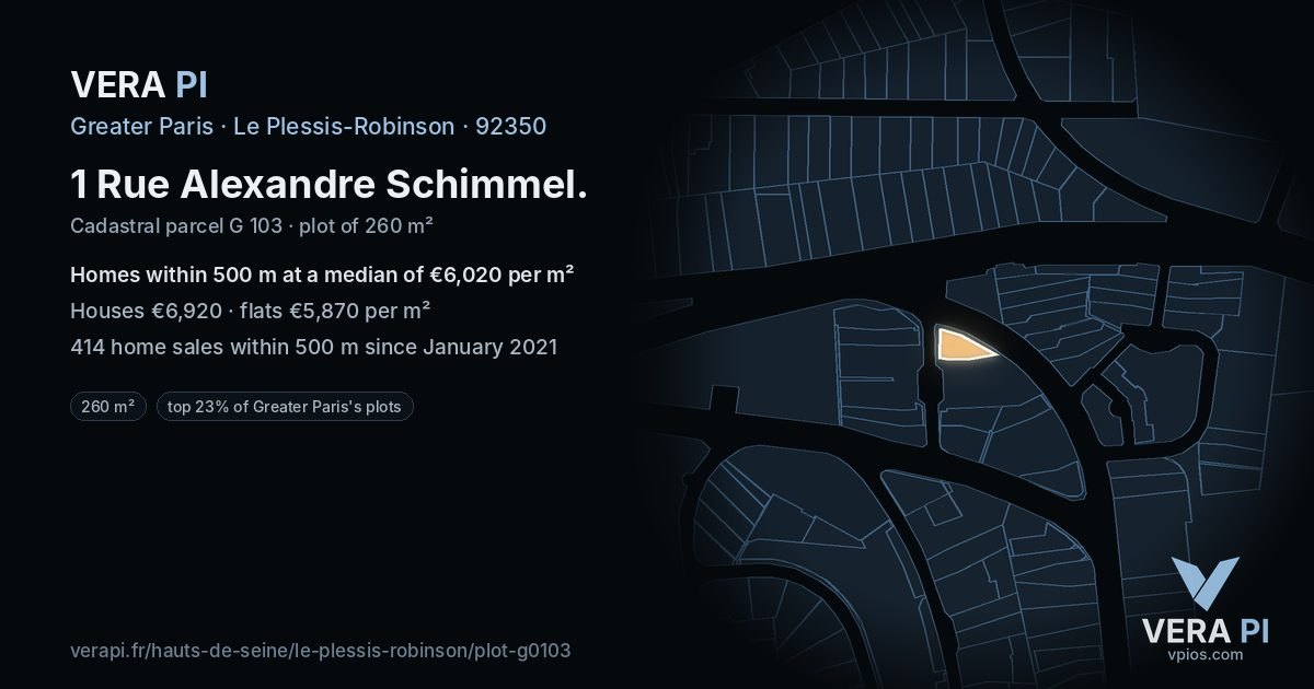 1 Rue Alexandre Schimmel, Le Plessis-Robinson at night – the plot lit, the parcels around coloured by the prices near them