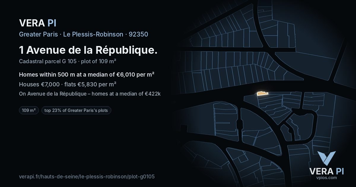 1 Avenue de la République, Le Plessis-Robinson at night – the plot lit, the parcels around coloured by the prices near them