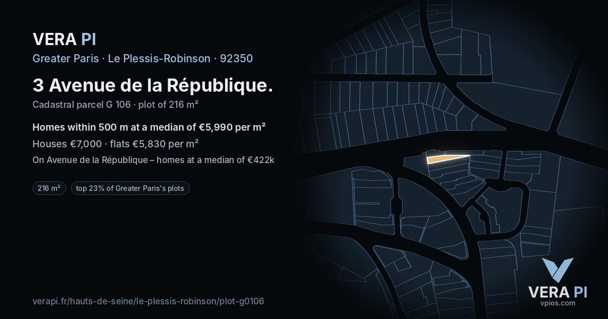3 Avenue de la République, Le Plessis-Robinson at night – the plot lit, the parcels around coloured by the prices near them