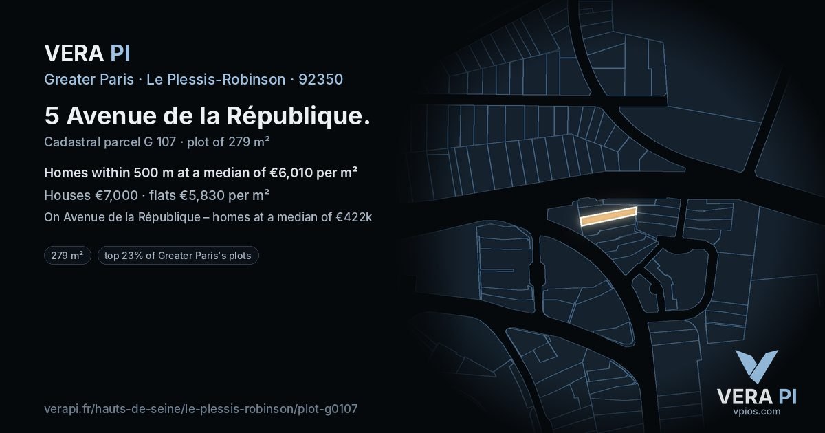 5 Avenue de la République, Le Plessis-Robinson at night – the plot lit, the parcels around coloured by the prices near them