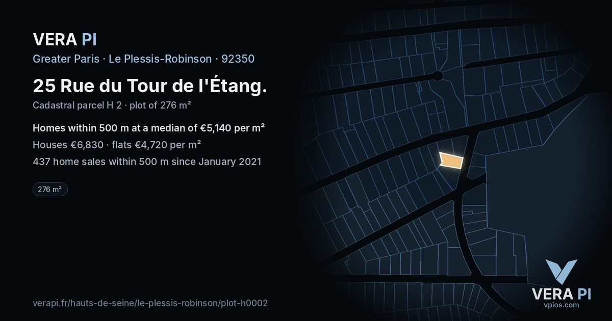 25 Rue du Tour de l'Étang, Le Plessis-Robinson at night – the plot lit, the parcels around coloured by the prices near them