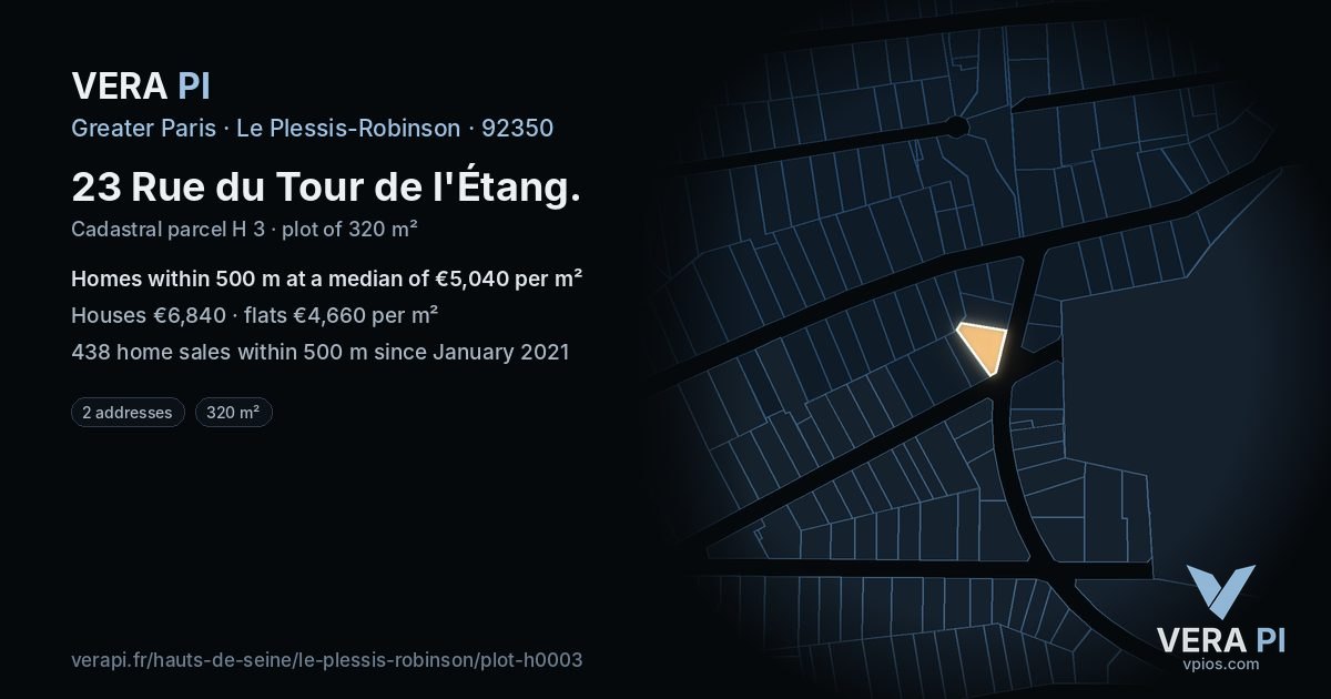 23 Rue du Tour de l'Étang, Le Plessis-Robinson at night – the plot lit, the parcels around coloured by the prices near them