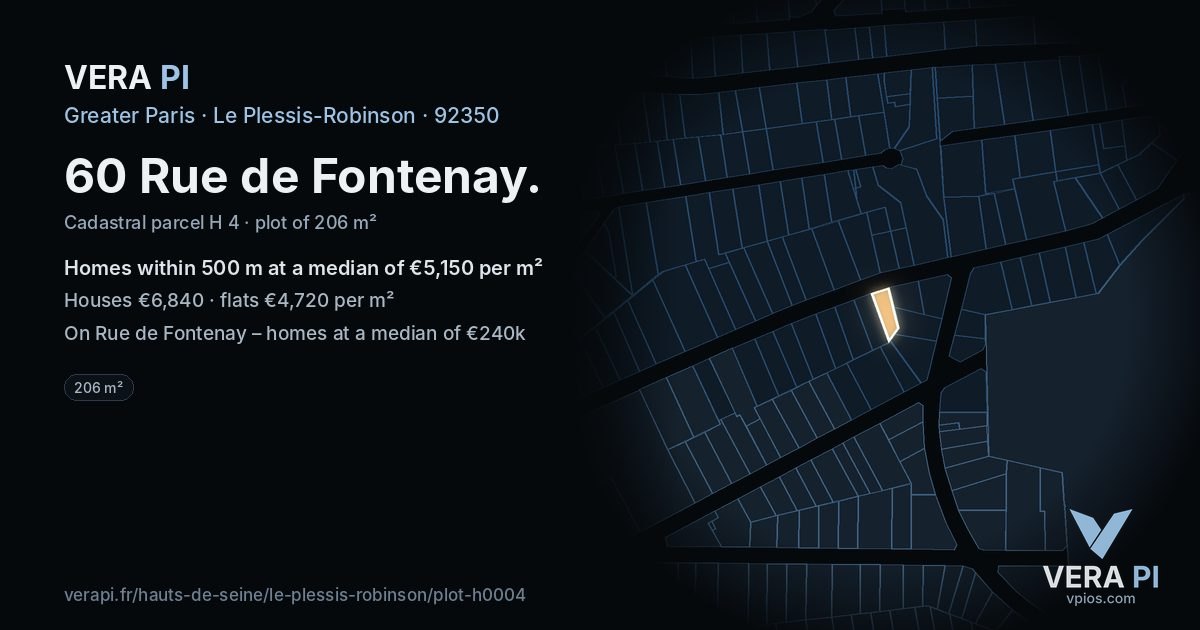 60 Rue de Fontenay, Le Plessis-Robinson at night – the plot lit, the parcels around coloured by the prices near them