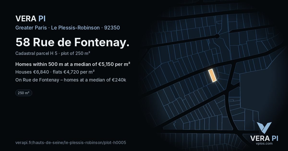 58 Rue de Fontenay, Le Plessis-Robinson at night – the plot lit, the parcels around coloured by the prices near them