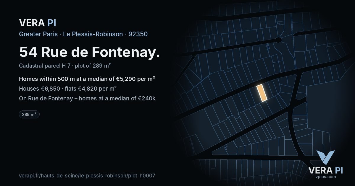 54 Rue de Fontenay, Le Plessis-Robinson at night – the plot lit, the parcels around coloured by the prices near them