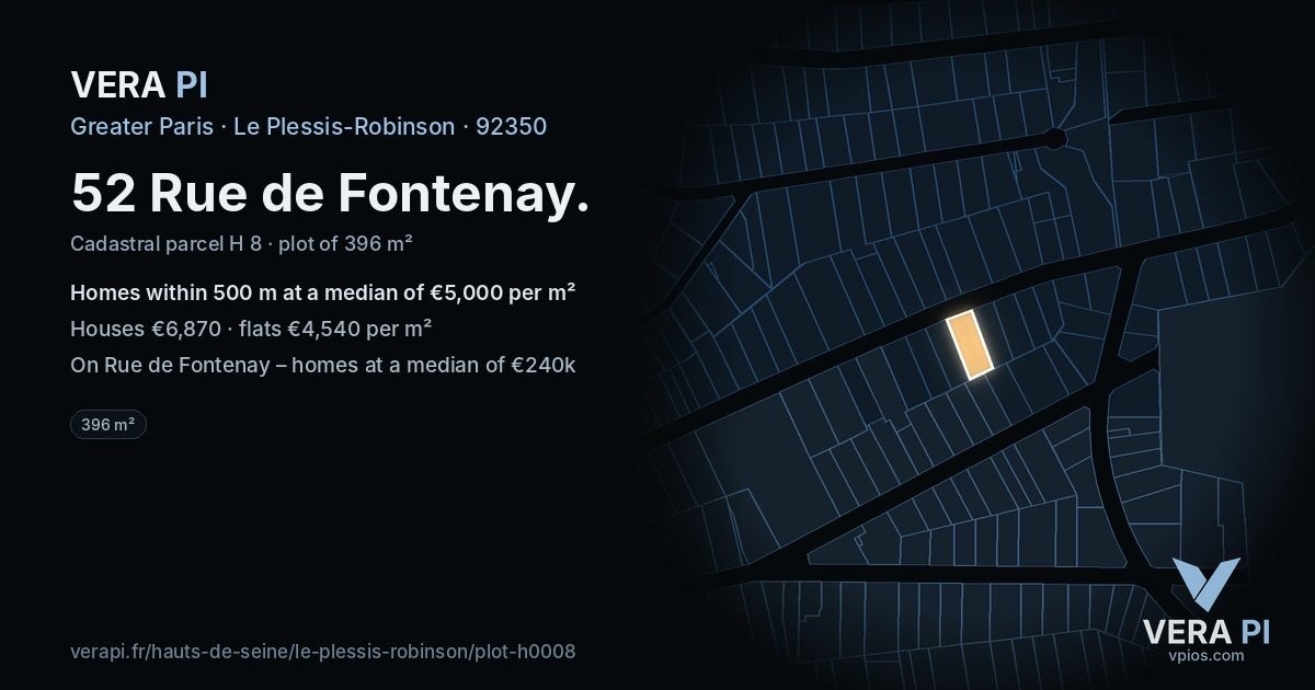 52 Rue de Fontenay, Le Plessis-Robinson at night – the plot lit, the parcels around coloured by the prices near them