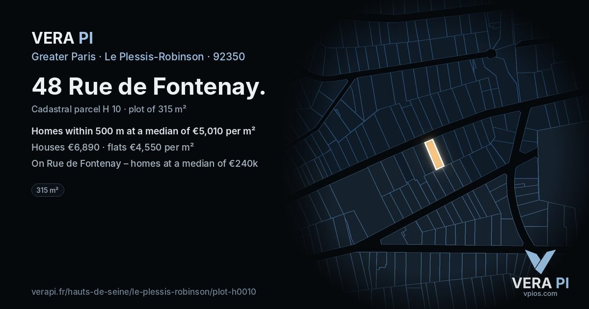 48 Rue de Fontenay, Le Plessis-Robinson at night – the plot lit, the parcels around coloured by the prices near them
