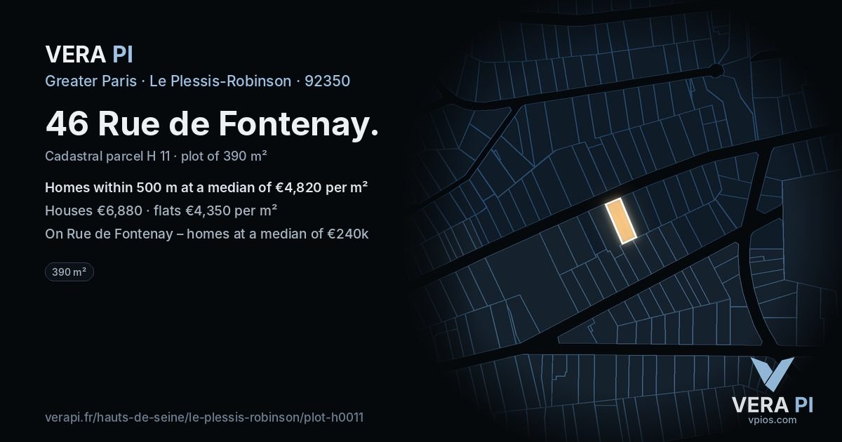 46 Rue de Fontenay, Le Plessis-Robinson at night – the plot lit, the parcels around coloured by the prices near them
