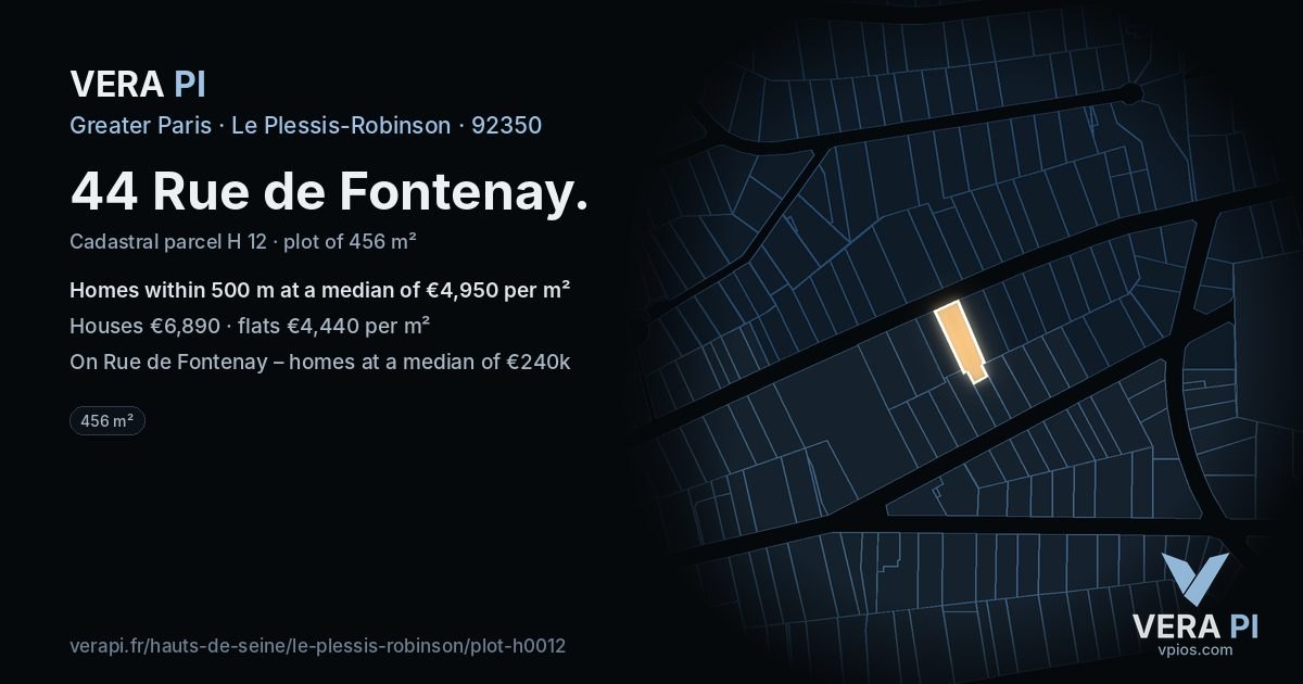 44 Rue de Fontenay, Le Plessis-Robinson at night – the plot lit, the parcels around coloured by the prices near them