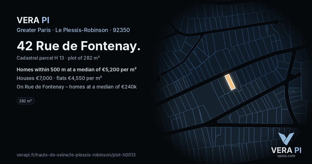 42 Rue de Fontenay, Le Plessis-Robinson at night – the plot lit, the parcels around coloured by the prices near them
