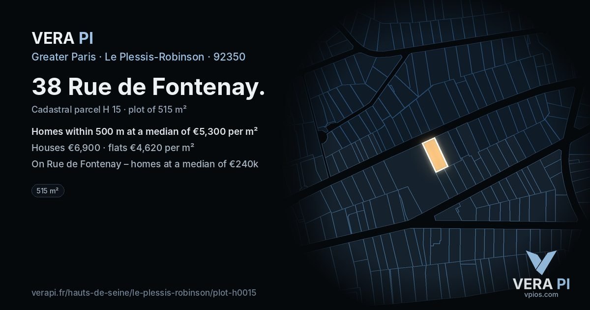 38 Rue de Fontenay, Le Plessis-Robinson at night – the plot lit, the parcels around coloured by the prices near them
