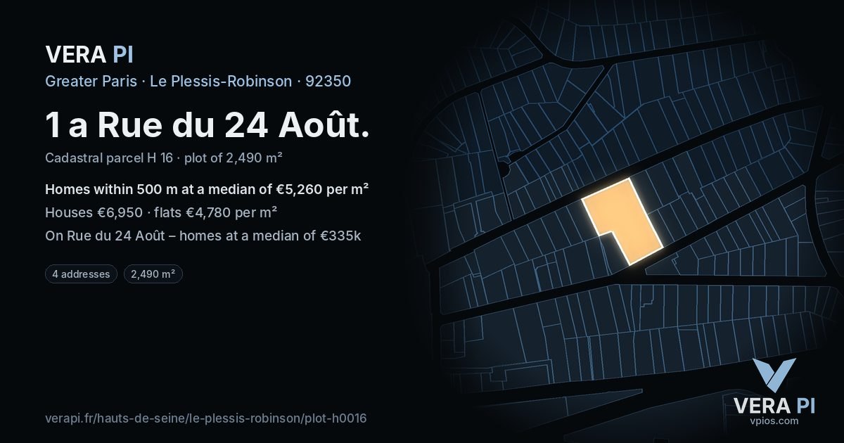 1 a Rue du 24 Août, Le Plessis-Robinson at night – the plot lit, the parcels around coloured by the prices near them