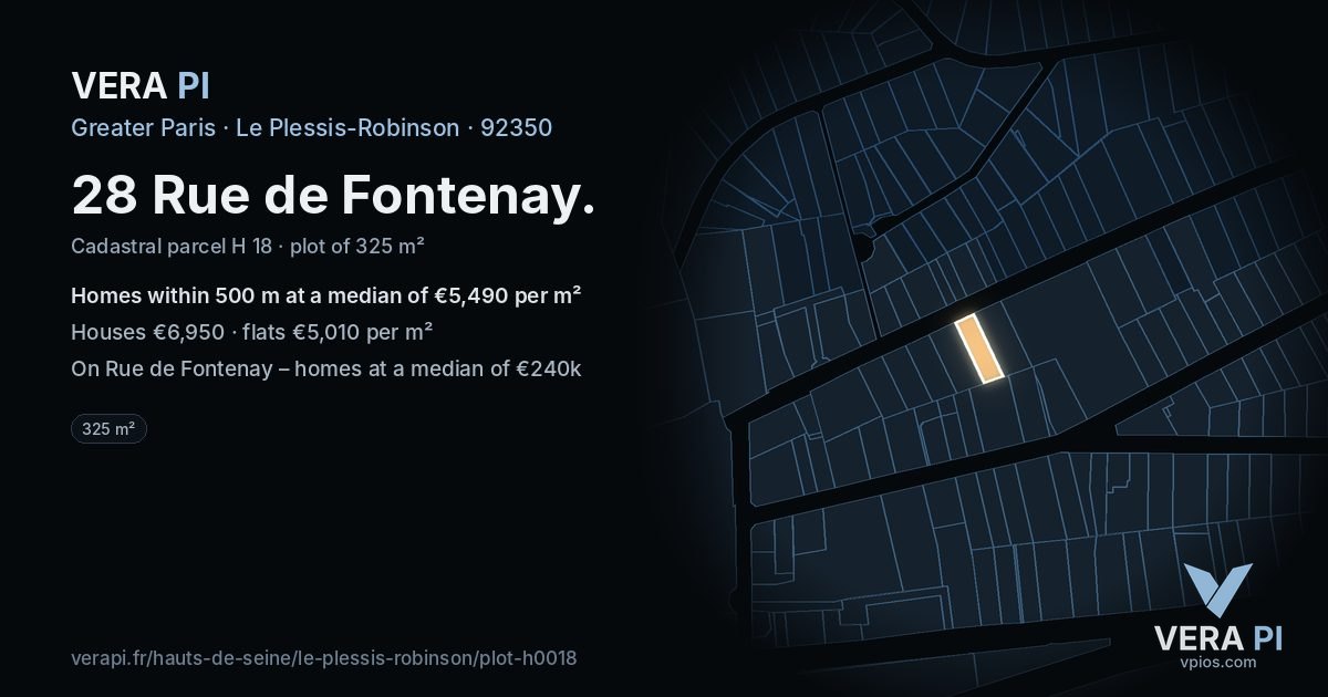28 Rue de Fontenay, Le Plessis-Robinson at night – the plot lit, the parcels around coloured by the prices near them