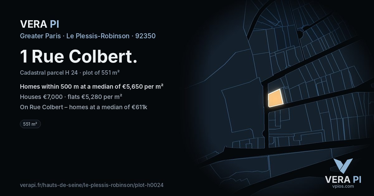 1 Rue Colbert, Le Plessis-Robinson at night – the plot lit, the parcels around coloured by the prices near them