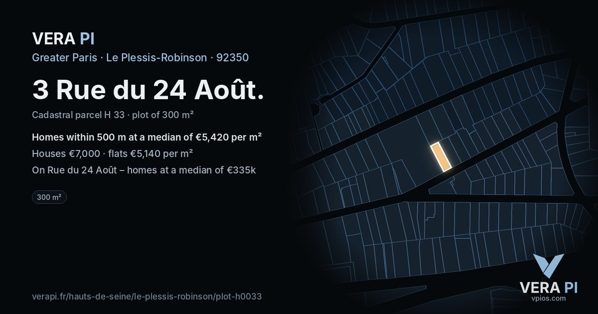 3 Rue du 24 Août, Le Plessis-Robinson at night – the plot lit, the parcels around coloured by the prices near them