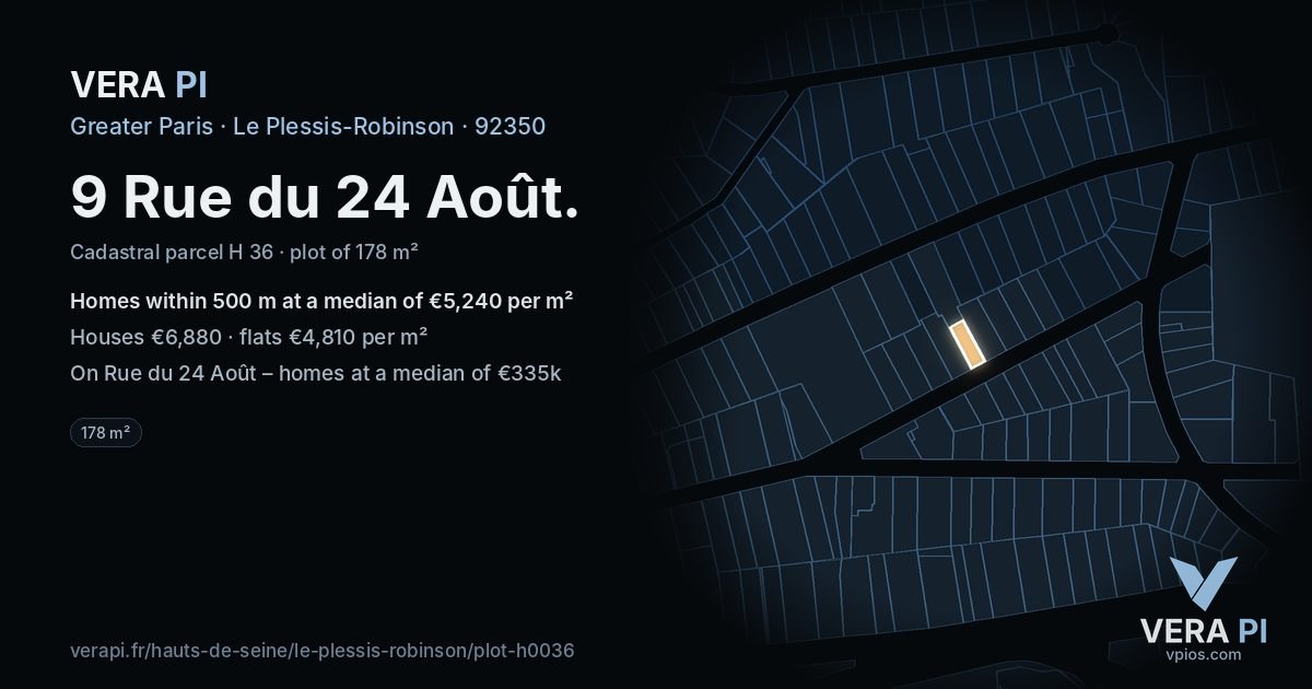 9 Rue du 24 Août, Le Plessis-Robinson at night – the plot lit, the parcels around coloured by the prices near them