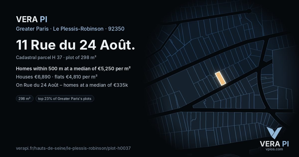 11 Rue du 24 Août, Le Plessis-Robinson at night – the plot lit, the parcels around coloured by the prices near them
