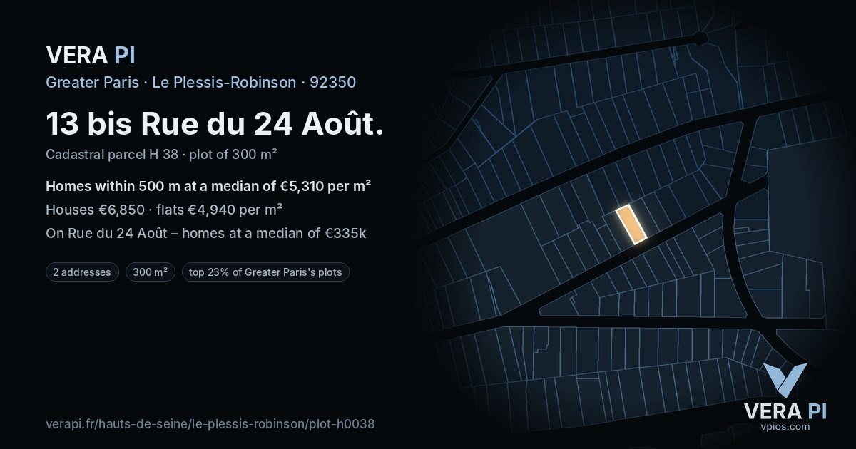 13 bis Rue du 24 Août, Le Plessis-Robinson at night – the plot lit, the parcels around coloured by the prices near them