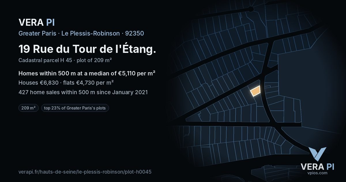 19 Rue du Tour de l'Étang, Le Plessis-Robinson at night – the plot lit, the parcels around coloured by the prices near them