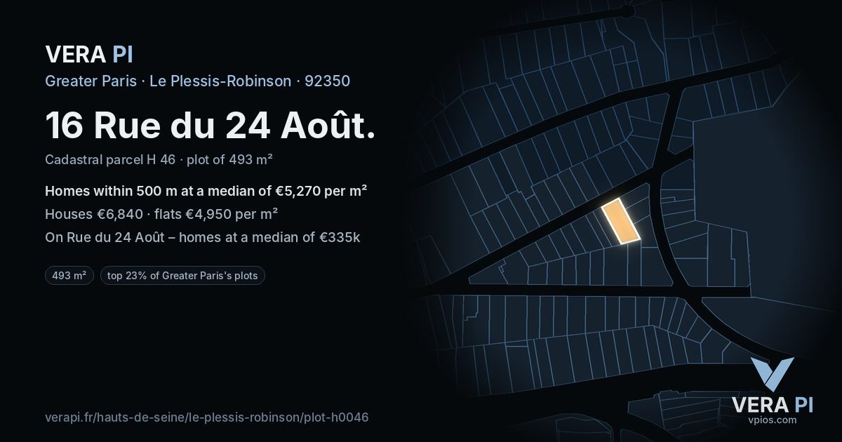 16 Rue du 24 Août, Le Plessis-Robinson at night – the plot lit, the parcels around coloured by the prices near them
