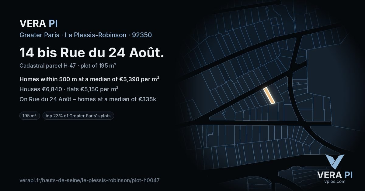 14 bis Rue du 24 Août, Le Plessis-Robinson at night – the plot lit, the parcels around coloured by the prices near them