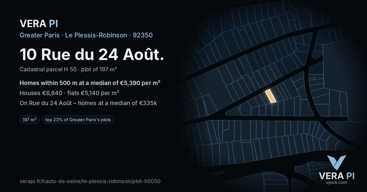 10 Rue du 24 Août, Le Plessis-Robinson at night – the plot lit, the parcels around coloured by the prices near them