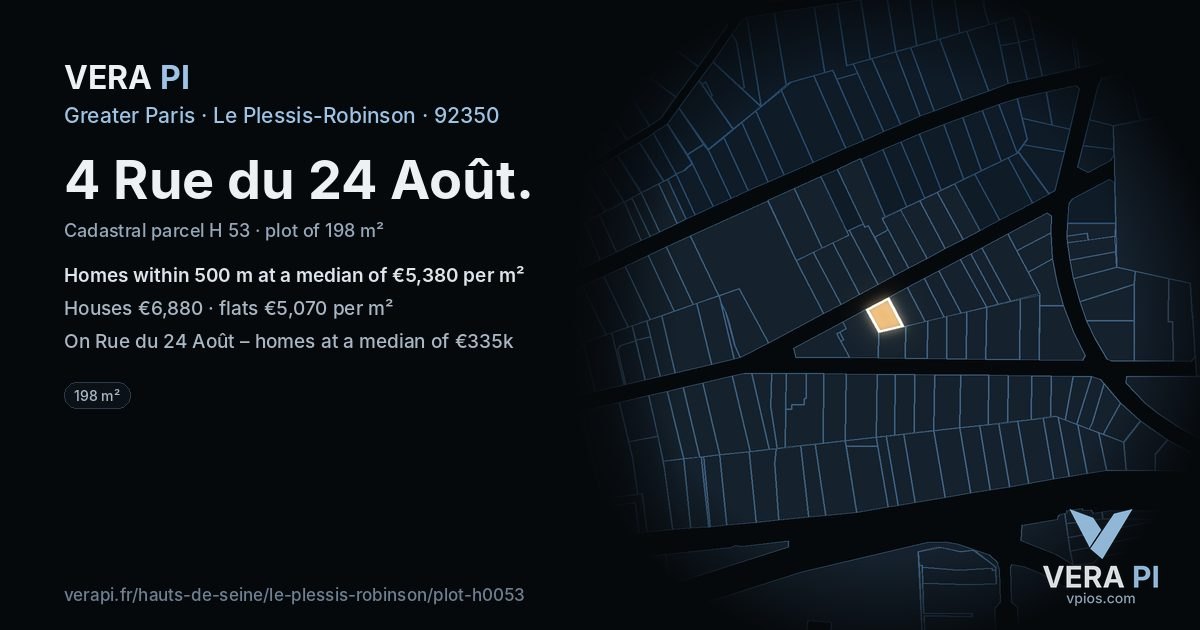 4 Rue du 24 Août, Le Plessis-Robinson at night – the plot lit, the parcels around coloured by the prices near them