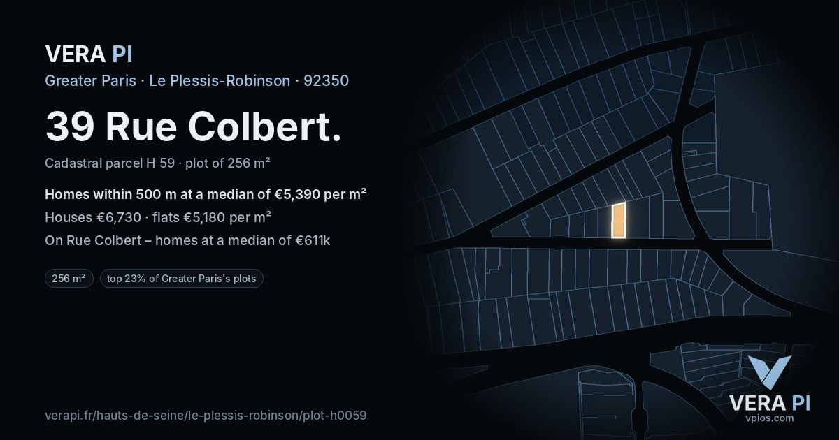 39 Rue Colbert, Le Plessis-Robinson at night – the plot lit, the parcels around coloured by the prices near them