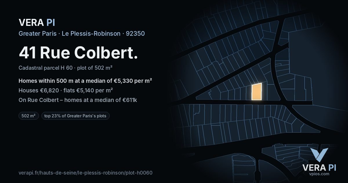 41 Rue Colbert, Le Plessis-Robinson at night – the plot lit, the parcels around coloured by the prices near them