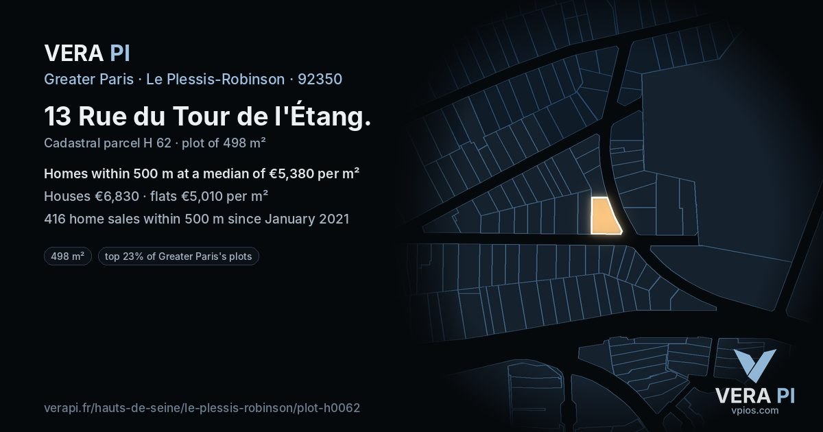 13 Rue du Tour de l'Étang, Le Plessis-Robinson at night – the plot lit, the parcels around coloured by the prices near them