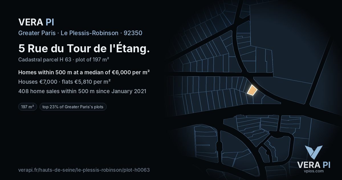 5 Rue du Tour de l'Étang, Le Plessis-Robinson at night – the plot lit, the parcels around coloured by the prices near them