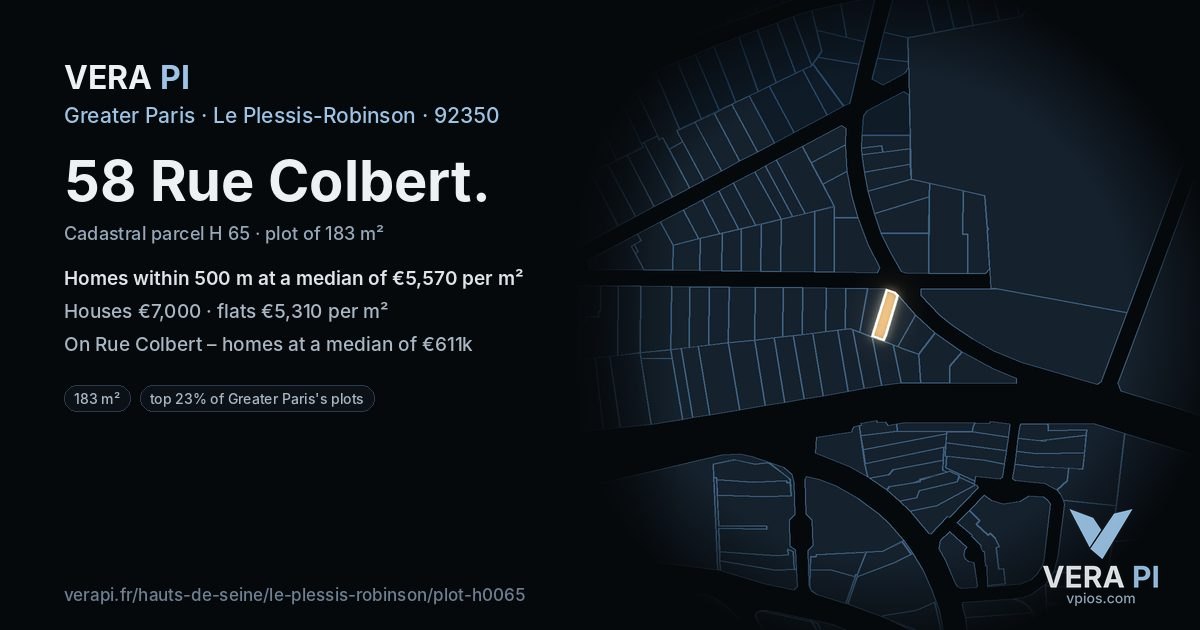 58 Rue Colbert, Le Plessis-Robinson at night – the plot lit, the parcels around coloured by the prices near them