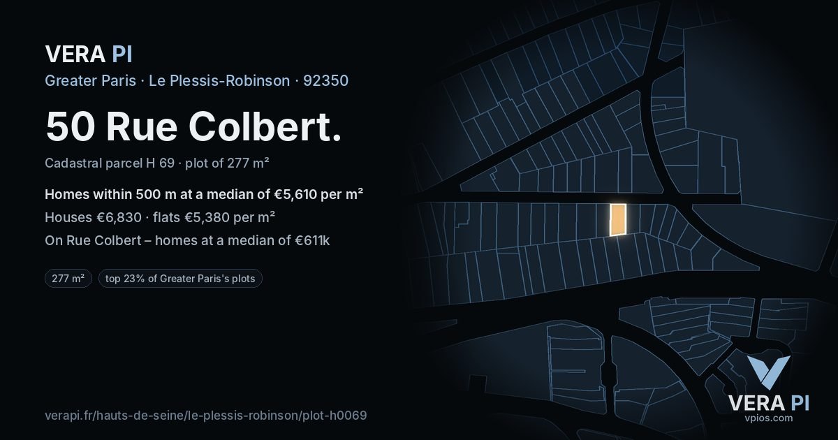 50 Rue Colbert, Le Plessis-Robinson at night – the plot lit, the parcels around coloured by the prices near them