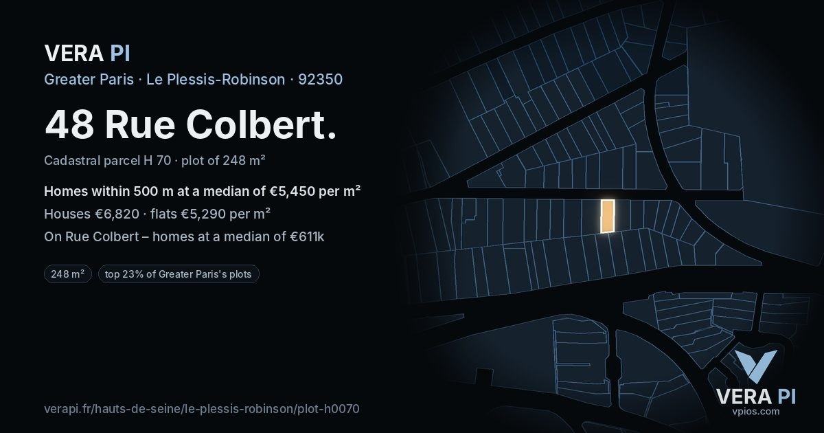 48 Rue Colbert, Le Plessis-Robinson at night – the plot lit, the parcels around coloured by the prices near them
