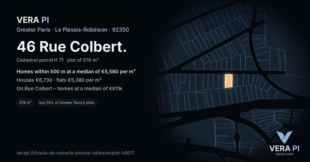 46 Rue Colbert, Le Plessis-Robinson at night – the plot lit, the parcels around coloured by the prices near them