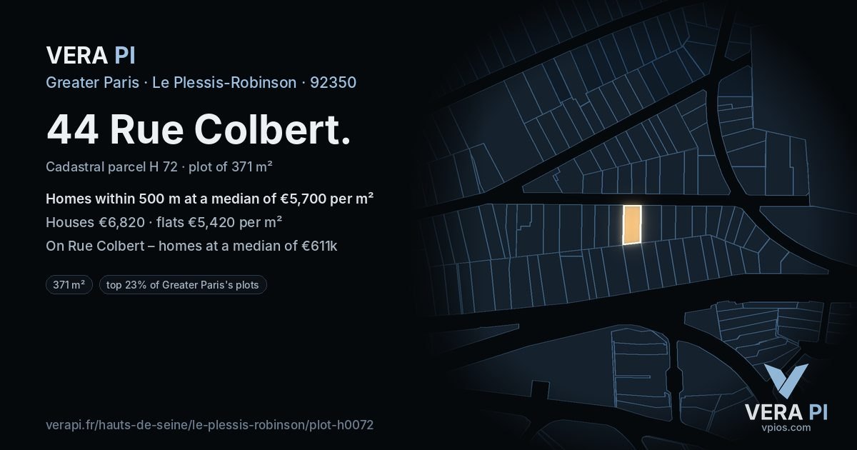 44 Rue Colbert, Le Plessis-Robinson at night – the plot lit, the parcels around coloured by the prices near them