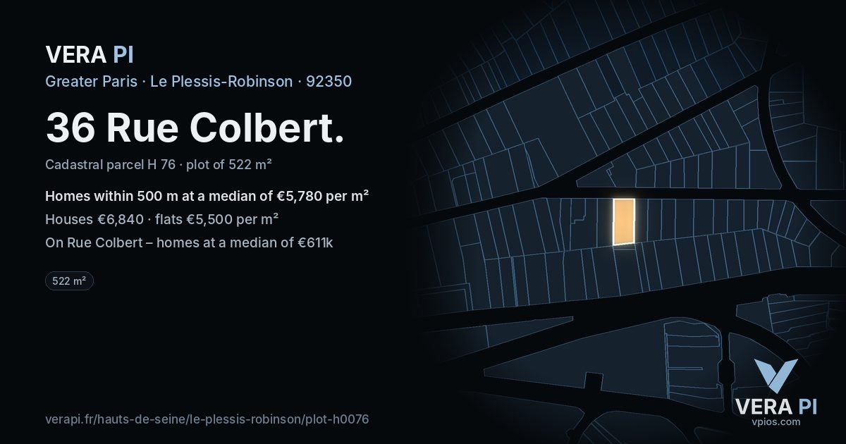 36 Rue Colbert, Le Plessis-Robinson at night – the plot lit, the parcels around coloured by the prices near them