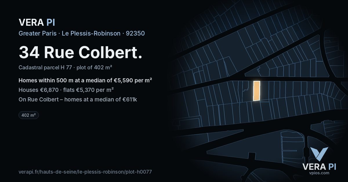 34 Rue Colbert, Le Plessis-Robinson at night – the plot lit, the parcels around coloured by the prices near them