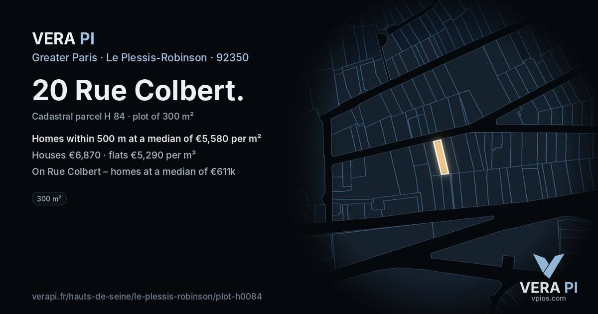 20 Rue Colbert, Le Plessis-Robinson at night – the plot lit, the parcels around coloured by the prices near them