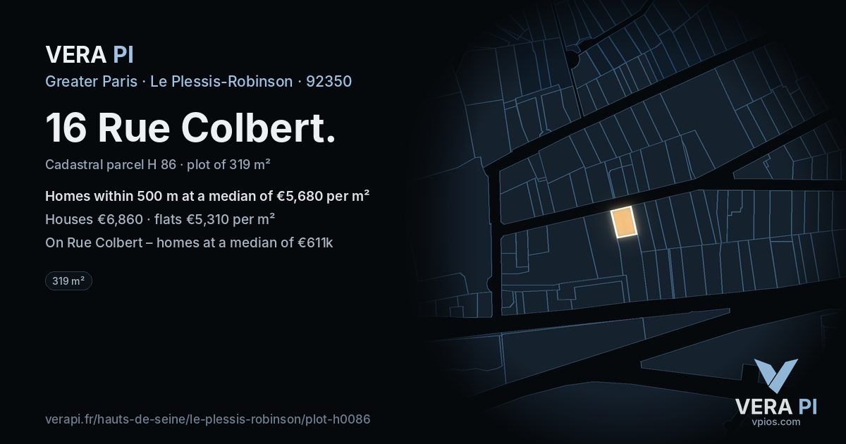 16 Rue Colbert, Le Plessis-Robinson at night – the plot lit, the parcels around coloured by the prices near them