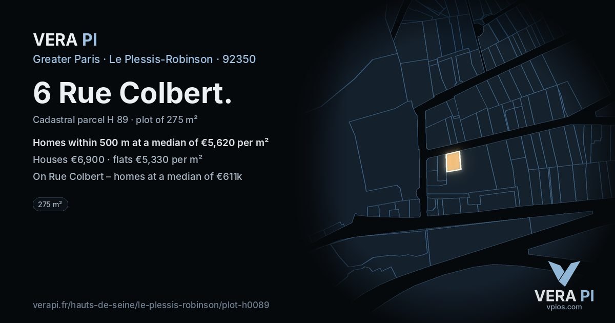 6 Rue Colbert, Le Plessis-Robinson at night – the plot lit, the parcels around coloured by the prices near them