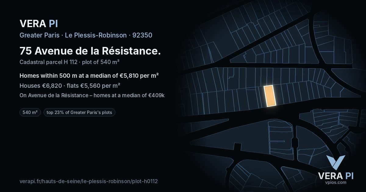 75 Avenue de la Résistance, Le Plessis-Robinson at night – the plot lit, the parcels around coloured by the prices near them